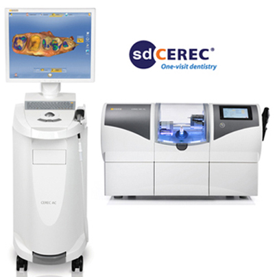 Photo of CEREC same-day crowns digital scanner and computer, and the milling machine, available for same day crowns from Mike Malone DDS in Lafayette, LA